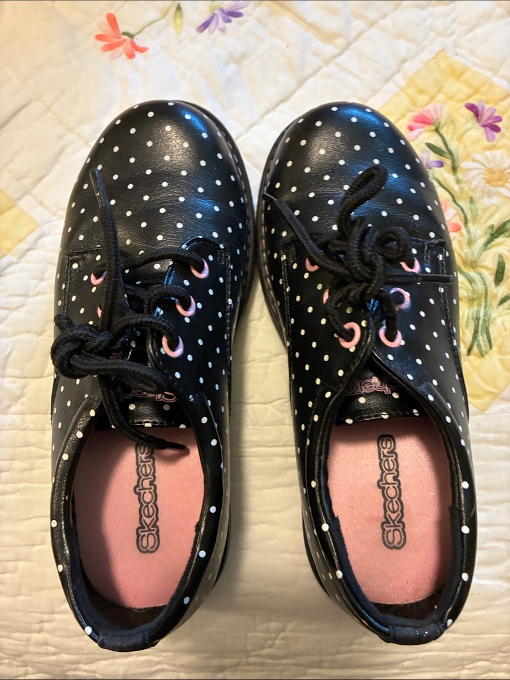 Skechers Black Polka Dot Lace-Up Flats with Pink Insoles